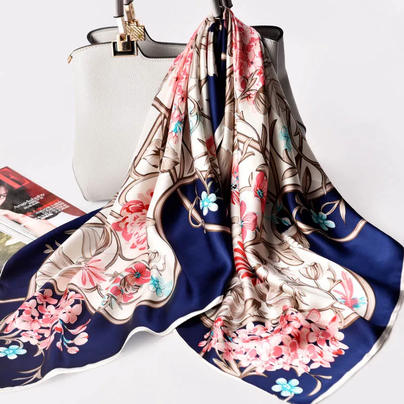 Женский шелковый шарф 88x88 см Роскошные шали и обертывания для дам хиджаб бандана винтажный принт квадратный шелковый шарф платок - Цвет: Color 1