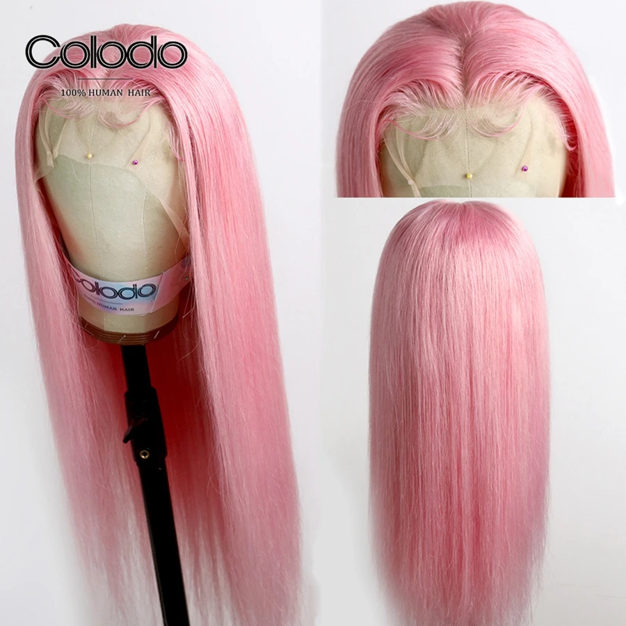 

COLODO Glueless Pink Color Straight Human Hair Wigs with Baby Hair Remy Brazilian Grey Wig Transparent Lace Front Wigs for Women