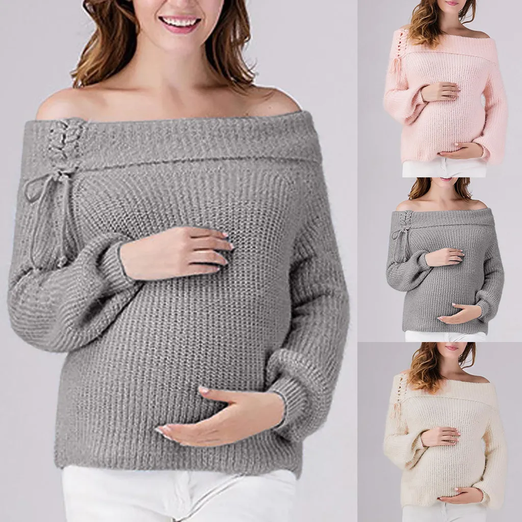 Женский вязаный свитер для беременных, топы на шнуровке, вязаный свитер