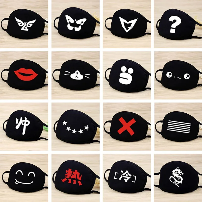 

Black Unisex Face Mask Cute Anime Mouth Mask Cotton Fabric Anti Dust Pollution Masks For Man Woman Keep Warm Mouth Face Mask
