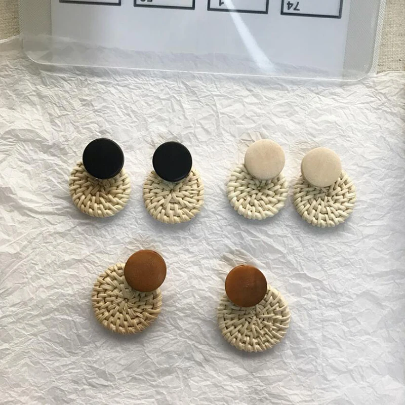 

Korea Handmade Irregular Acrylic Stone Wooden Big Hollow Out Round Circle Rattan Straw Weave Drop Earrings for Women2019