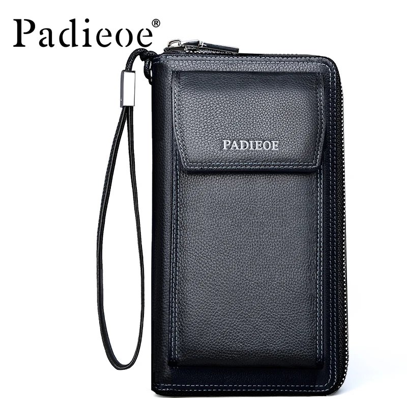 

Padieoe Business Men's Genuine Leather Long Wallet Phone Card Holder Real Cowhide Multi-Function Men Dau Cluthes Wristlet Purse