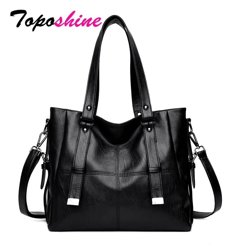 

Toposhine 2018 New Vintage Style Large Tote Women Handbag Casual Solid PU Leather Lady Shoulder Bag Fashion Thread Female Bags