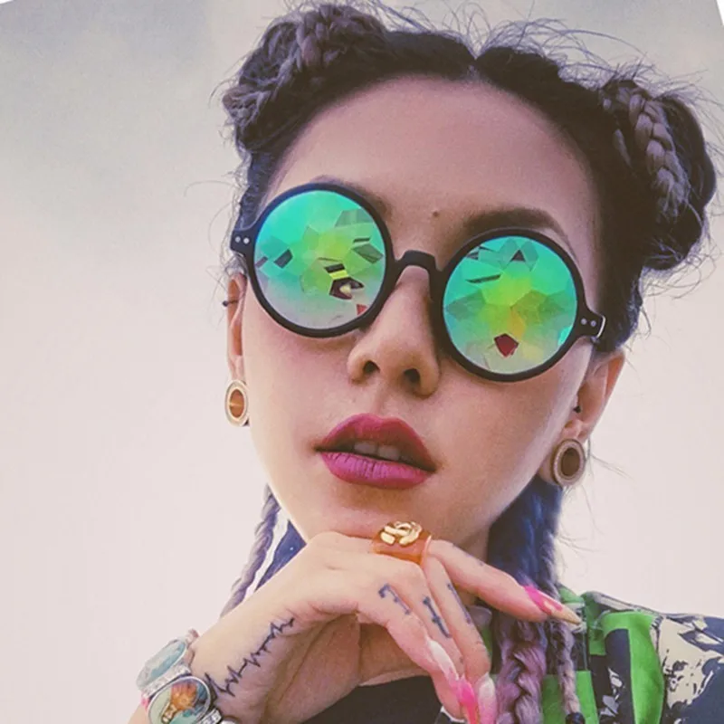 

Vintage Round Sunglasses Electronic Concert Bar Show Cosplay Cool Colorful Sun Glasses Mosaic Glass
