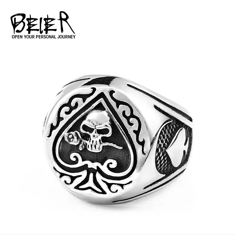 BEIER drop shipping skull bite rose poker design ring stainless steel Gothic personality men Punk rock jewelry Gift BR8-603