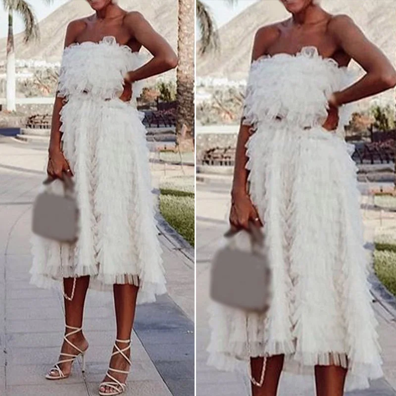Elegant Dress Ladies Strapless Prom Layered A Line Bridesmaid Sleeveless Formal Dress White