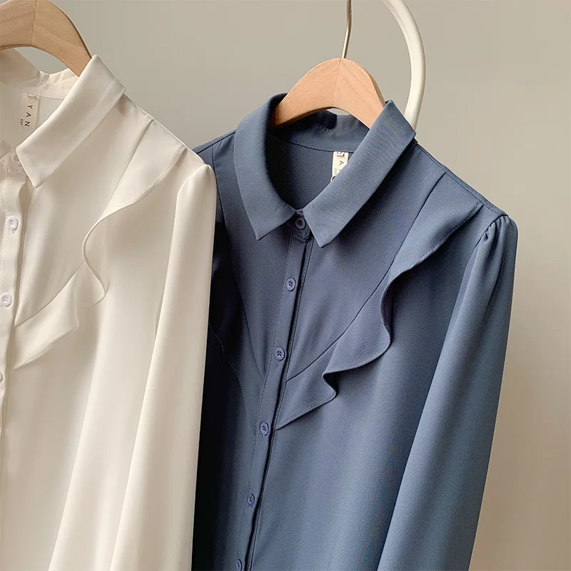 De Tops Blanco 2019 Casual Coreana Volantes Moda Marino Elegante Larga Manga azul Cuello Mujer Blusas Camisas Blanco fxq7d4x