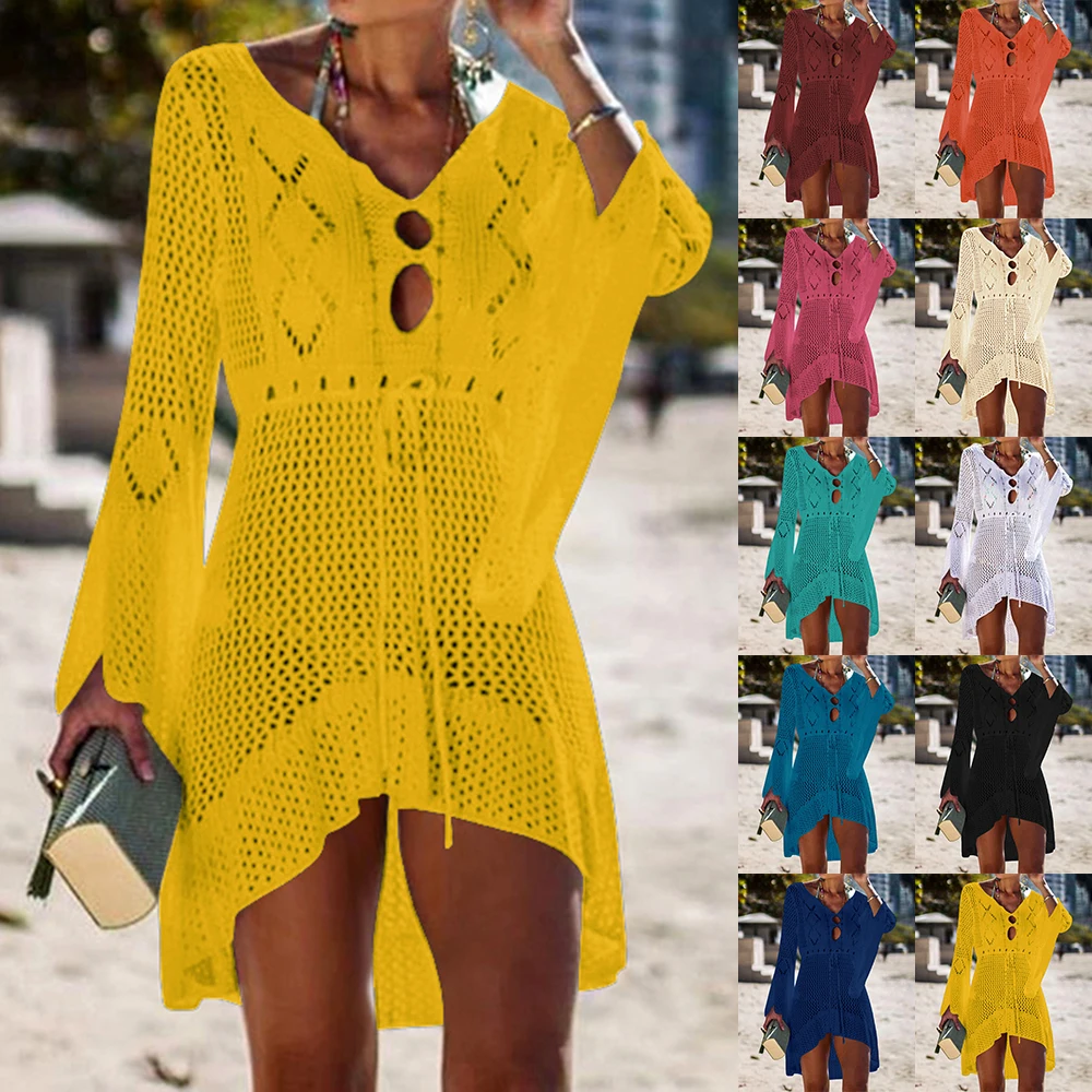

CALOFE 2019 Beach Cover Up Crochet Knitted Tassel Tie Beachwear Tunic Long Pareos Summer Swimsuit Cover Up Sexy Beach Dress