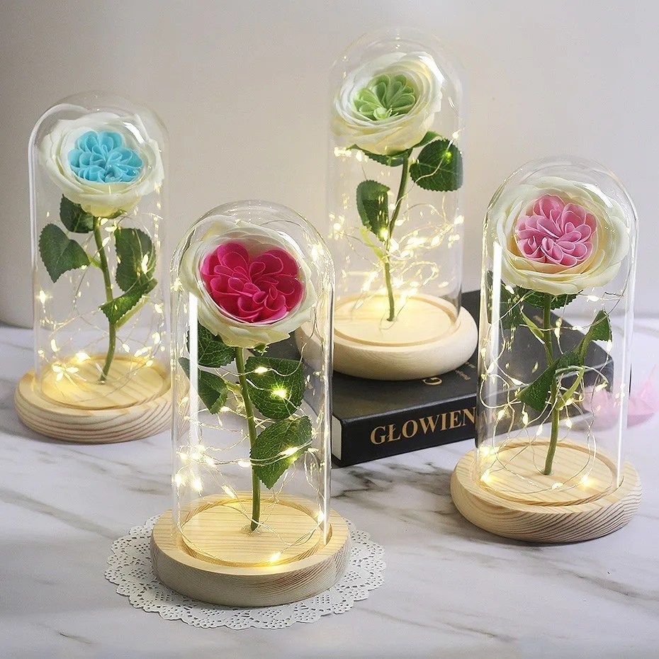 LED Soap Flower Rose Flower In Glass Dome Christmas Gifts Artificial Flower Valentine's Day Wedding Party Home Decor Fake Flower