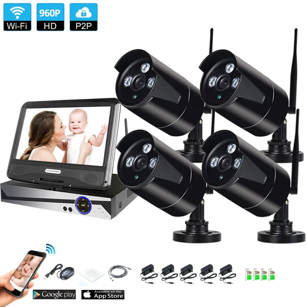 

Wireless Surveillance System Network 10.1" LCD Monitor NVR Recorder Wifi Kit 4CH 960P HD Video Inputs Security Camera