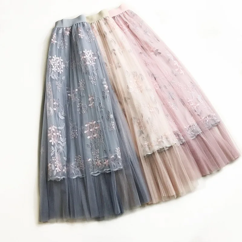 

Wholesale Long Net Meshed Skirts Pleated Skirt 2018 Summer New Embroidered Sweet Fairy A Skirt