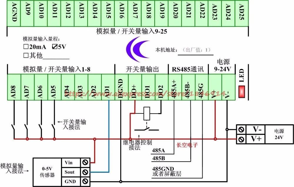 RS485 Collector Card Multi channel 25 channel ADC, 4-20mA current and voltage analog switching capacity MODBUS