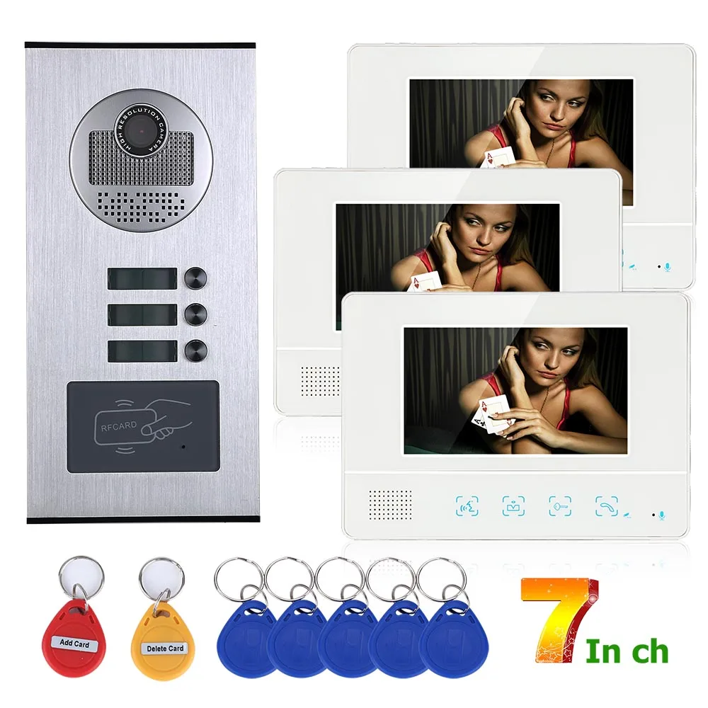 SmartYIBA 7 inch Color TFT LCD Apartment Video Intercom For 3 Rooms RFID Unlock Video Door Entry Phone Call System Visual Bell