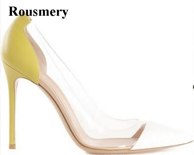 

Rousmery Hot Sale Stylish PVC Patchwork Mixed Colors Office Shoes Strip Women High Heels 10 cm Pointed Toe Shallow Cut Pumps