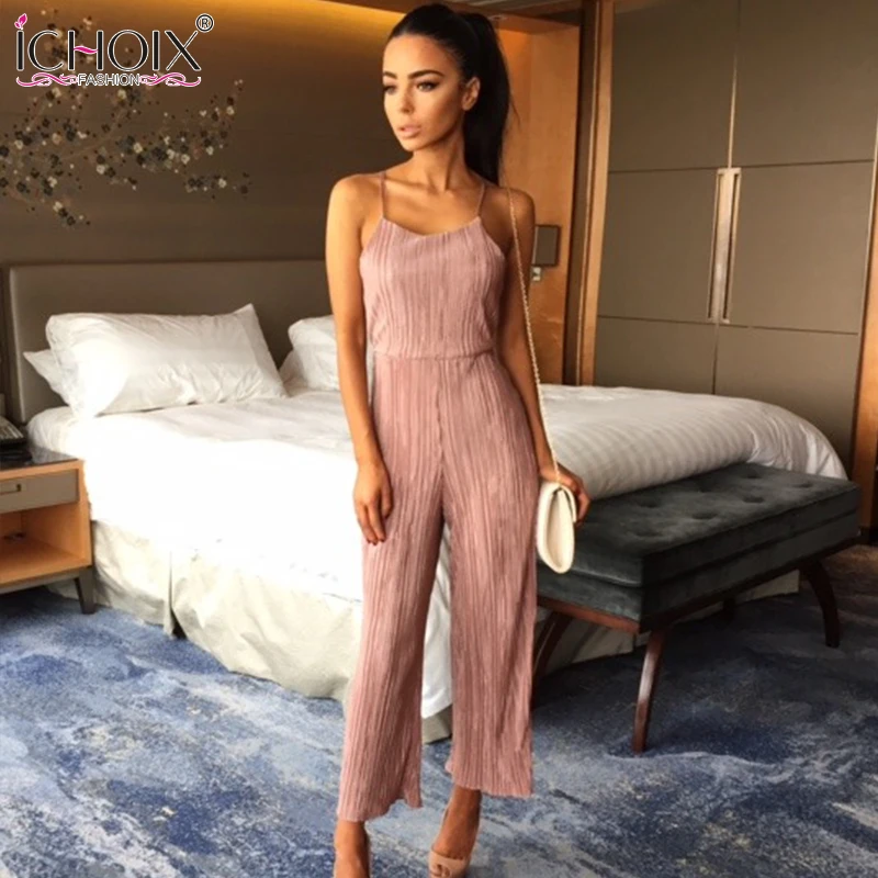 

ICHOIX Women Jumpsuit Elegant Girls Sleeveless Straps Long Backless Solid Overal Rompers 2019 summer Fashion Sexy Women Bodysuit