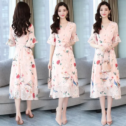 

2019 lady Summer chiffon dress Women Floral V-neck A-line Dresses