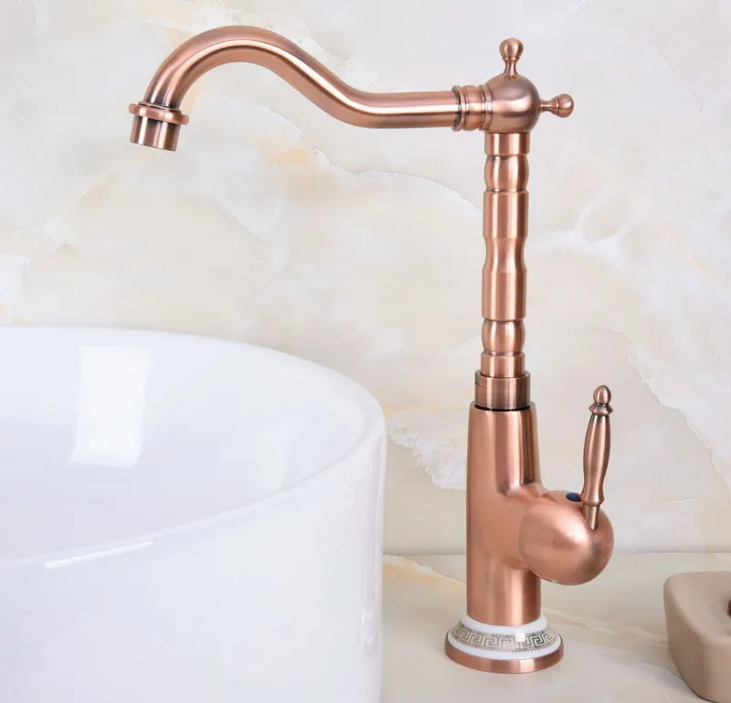 Antique Red Copper Brass Ceramic Base Kitchen Wet Bar Bathroom Vessel Sink Faucet Single Hole Swivel Spout Mixer Tap anf626