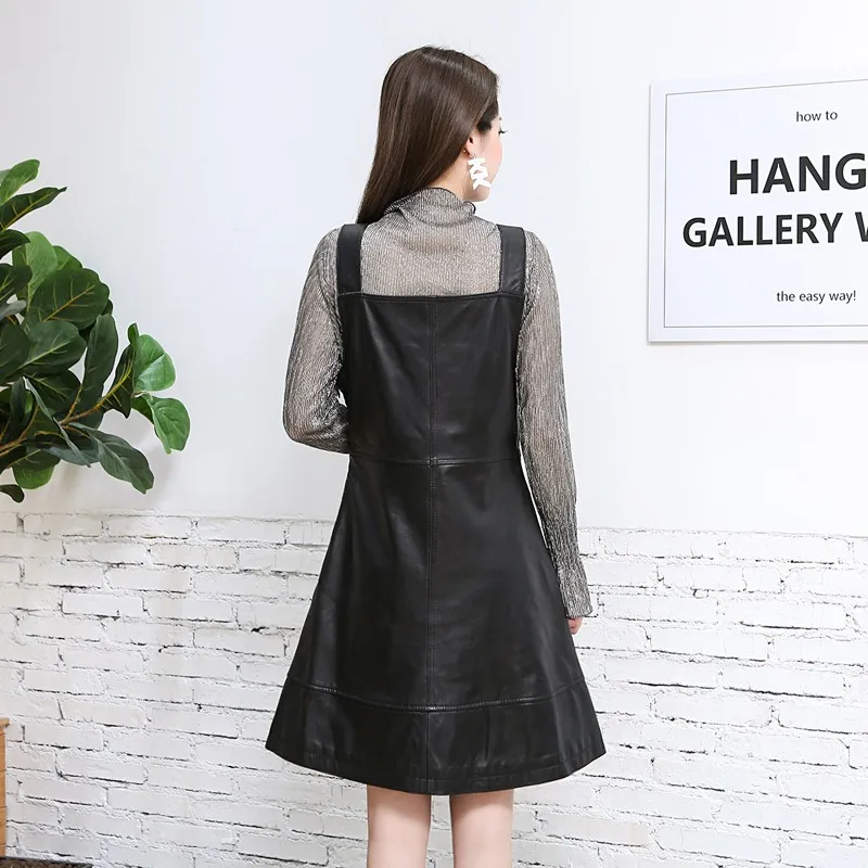 navy blue dress for baby girl Casual Spaghetti Strap Women Genuine Leather Dress Luxury Sheepskin  Sleeveless Black Red Slim Sexy A-Line Leather Dress