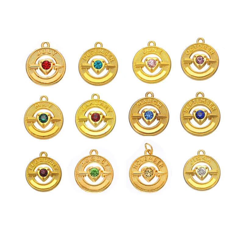 

my shape Gold Color 12 Month Birthstone January February August Charm Cupid Love Arrow Heart Pendant Wholesale Metal 12pcs