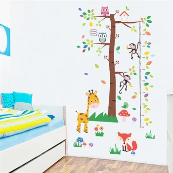 

Cute Monkey Giraffe Owls Squirrel Tree Wall Stickers Kids Room Height Measure Wall Decal Art Home Decor Poster Animal Mural Art