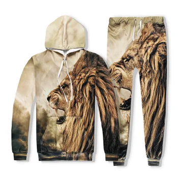 

Hot 2 Piece Set Men And Women Casual Tracksuits 3D Print Roaring lion Fashion Hoodies Hooded+Pants Sweatshirt Track Suit S-XXL