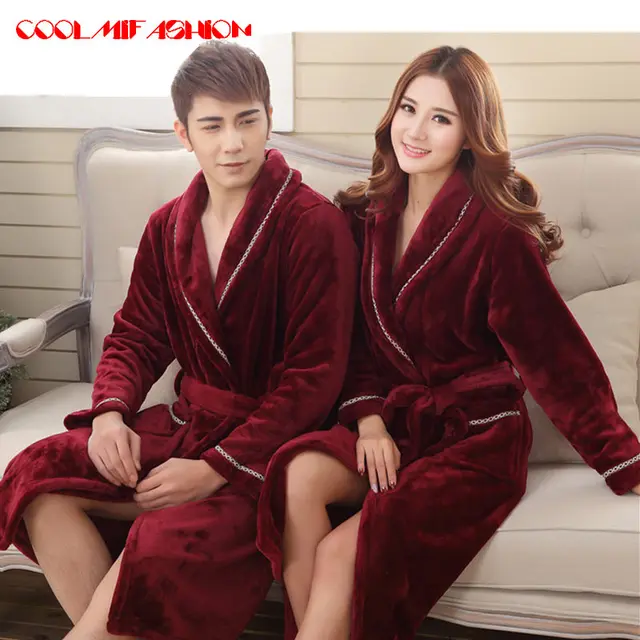Sexy Men Women Luxury Winter Bathrobe Mens Warm Silk Flannel Long