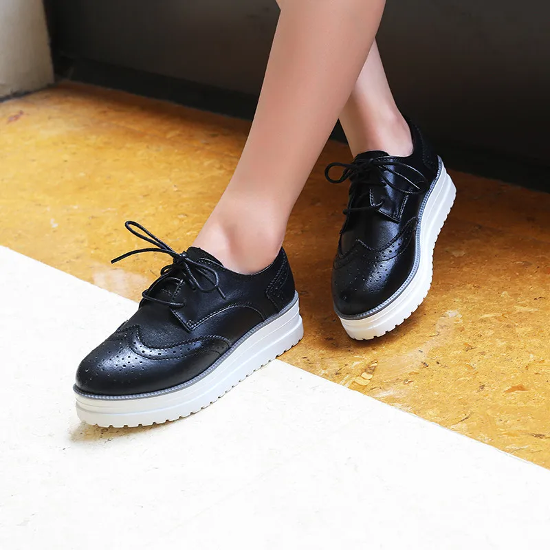 ZOQI Breathable Leather Platform Shoes Women Creepers Casual Flats