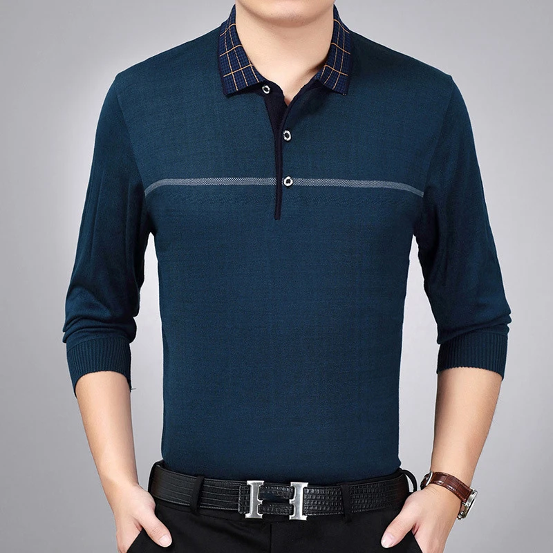 ARCSINX Solid Color Mens Polo Shirts Autumn Winter Long Sleeve Polo Man