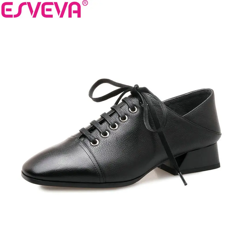 

ESVEVA 2018 Women Pumps Western Style Lace Up Cow Leather PU Square Med Heels Square Toe Out Door Ladies Shoes Size 34-42