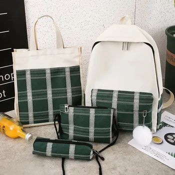 

Backpack Women 4Pcs Plaid Canvas Shoulder Pencil Case Package mochila mujer sac a dos femme sac bandouliere femme bolso mujer