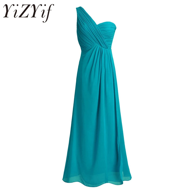 

YiZYiF New Arrival Summer Lace One Shoulder Teal Pink Red vestido Floor Length Chiffon Pleated Split Slit Bridesmaid Maxi Dress