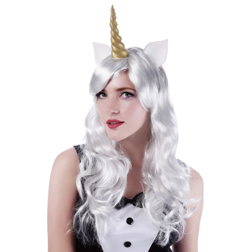 Unicorn Cosplay White Wig Long Natural Wave Synthetic Hair 24inch 200g