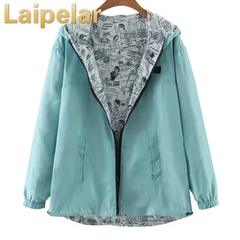 

Laipelar 2018 Autumn Women Bomber Basic Jacket Pocket Zipper Hooded Two Side Wear Cartoon Print Outwear Loose Coat