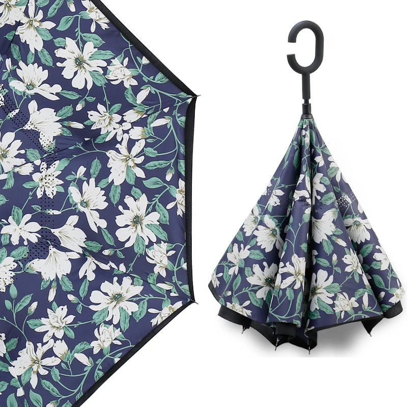 Творческий складной обратный двухслойный зонтик перевернутый ветрозащитный дождь автомобиль Standable C ручкой Защита от солнца человек для женщин Parapluie Зонты - Цвет: Lily