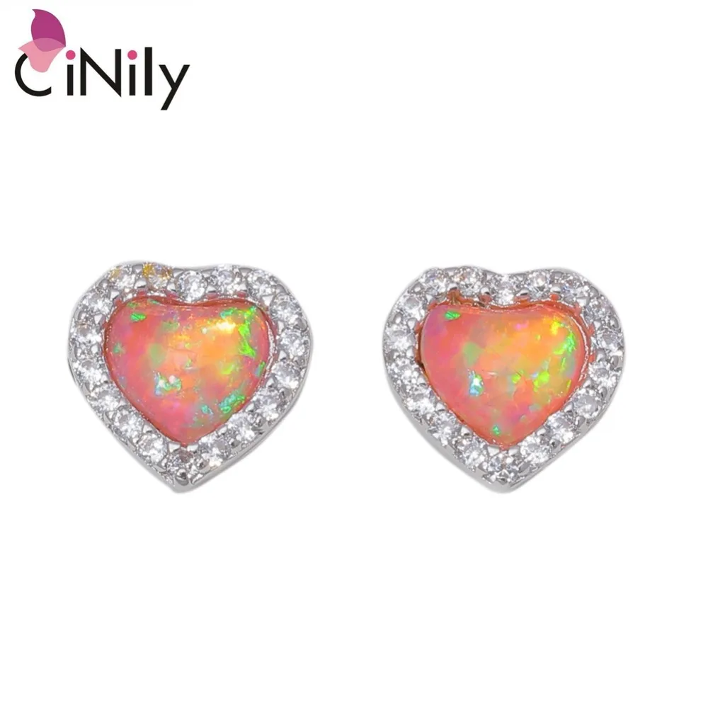 

CiNily Created Pink White Fire Opal Cubic Zirconia Silver Plated Wholesale Heart for Women Wedding Stud Earrings 10mm OH4533-34