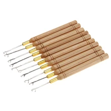 10pcs/set Hiar Extension Micro Rings Wooden Handle Hook Needle Keration Loop Knitting Hook Needles Hairdressing Styling Tools