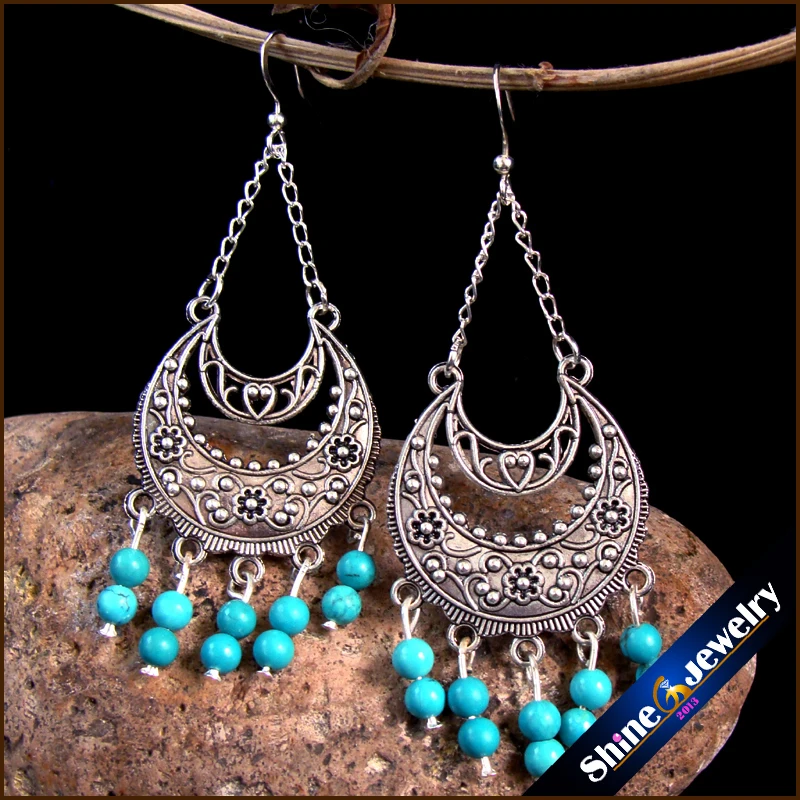 

Vintage Tibetan Style Fashion Jewelry Earrings for Women with Green Turquoises Stones Beads Long Dangle Earings Female -ZY15