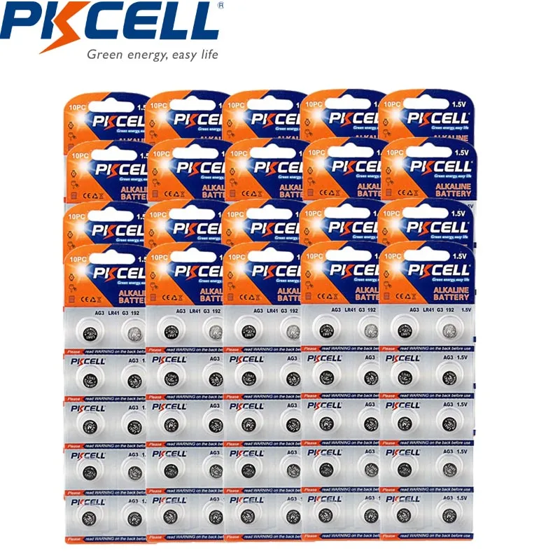 

200Pcs/20card PKCELL AG3 lr41 Battery 1.5v 35mah SR41 G3 RW87 LR1120 Akaline Button Cell Battery for Keyless Car Remotes