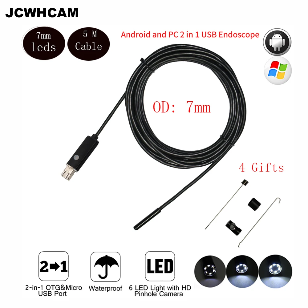 Мобильный эндоскоп JCWHCAM с USB объектив 7 мм камера 5 м Водонепроницаемый Бороскоп