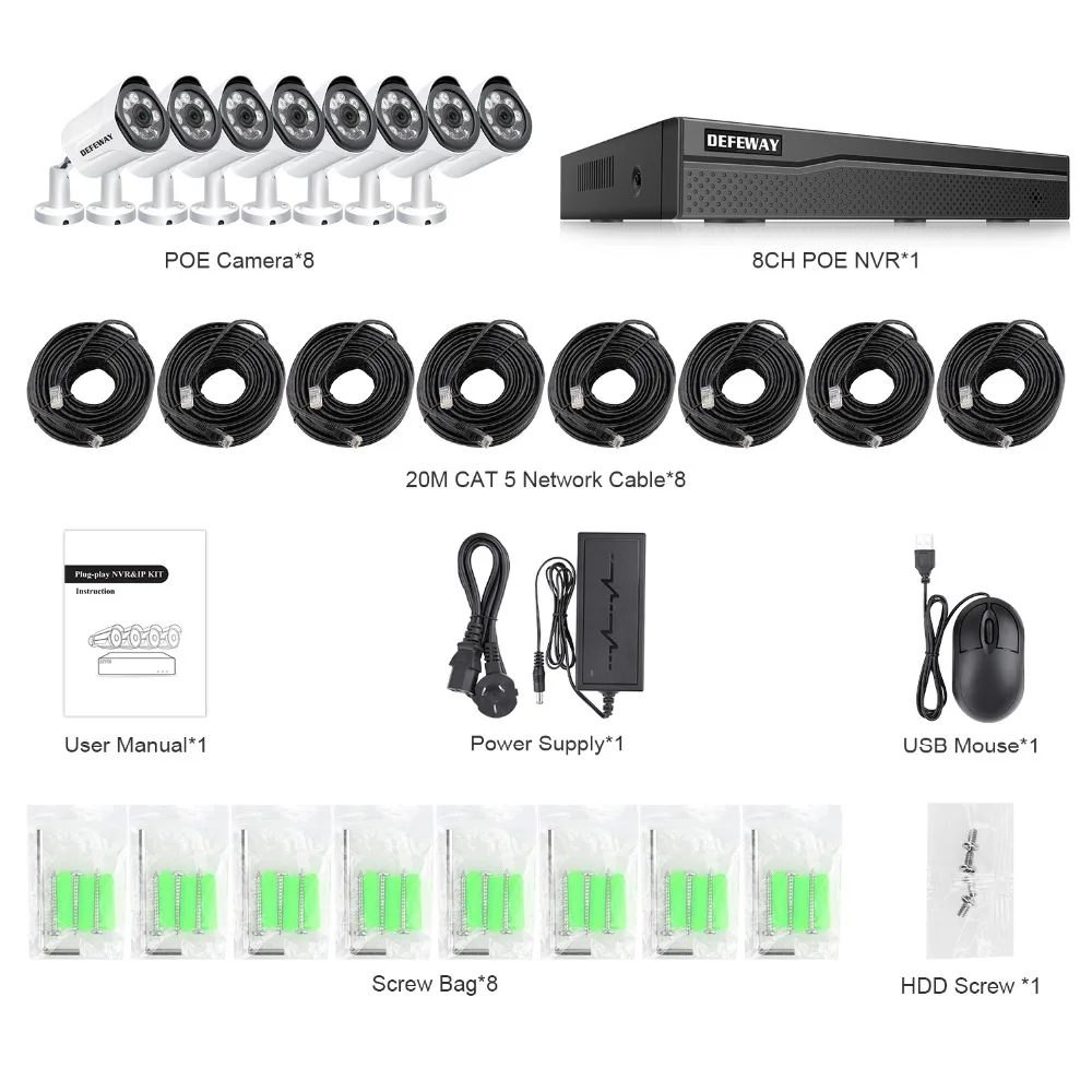 DEFEWAY система видеонаблюдения 8CH HD комплект видеонаблюдения 1080P POE система камер домашней безопасности с 8 шт. CCTV уличная камера