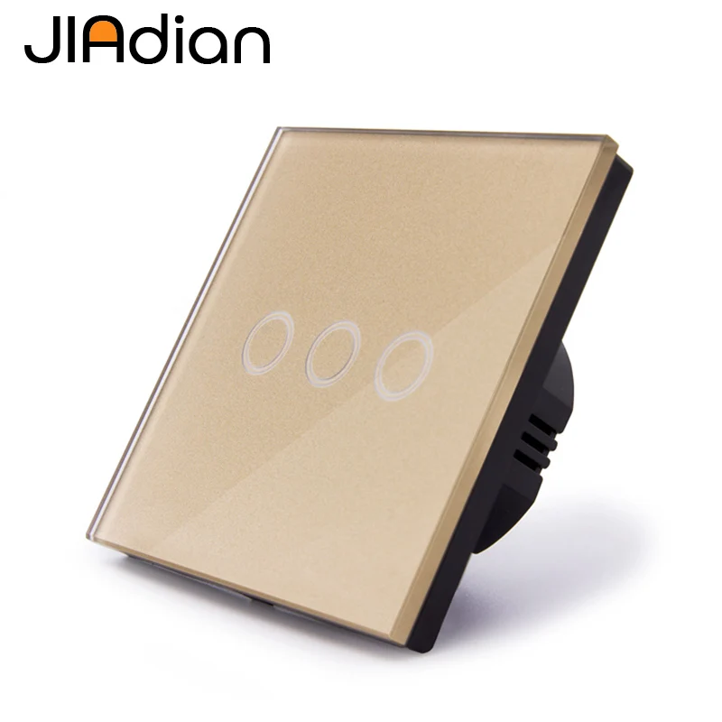 

JIADIAN EU Standard Light Switch Wall Touch Sensor Switch Luxury Gold/Black/White Crystal Glass, 3 Gang 1 Way Switch
