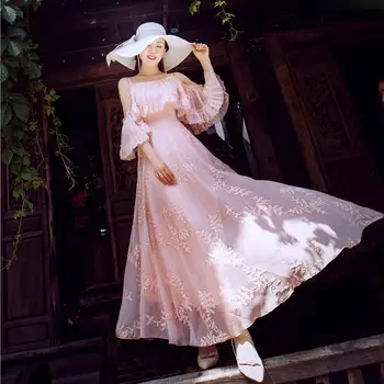 

Women 2019 Boho Dress Embroidery Empire Summer Open Shoulder Beach Dress With Ruffles