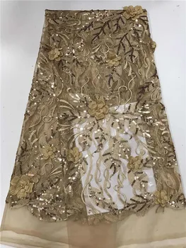 

Lace Fabric 2019 High Quality French beads sequins Lace Fabrics Wedding Pearl Net Lace Embroidery5Y Bridal Lace Fabric gold