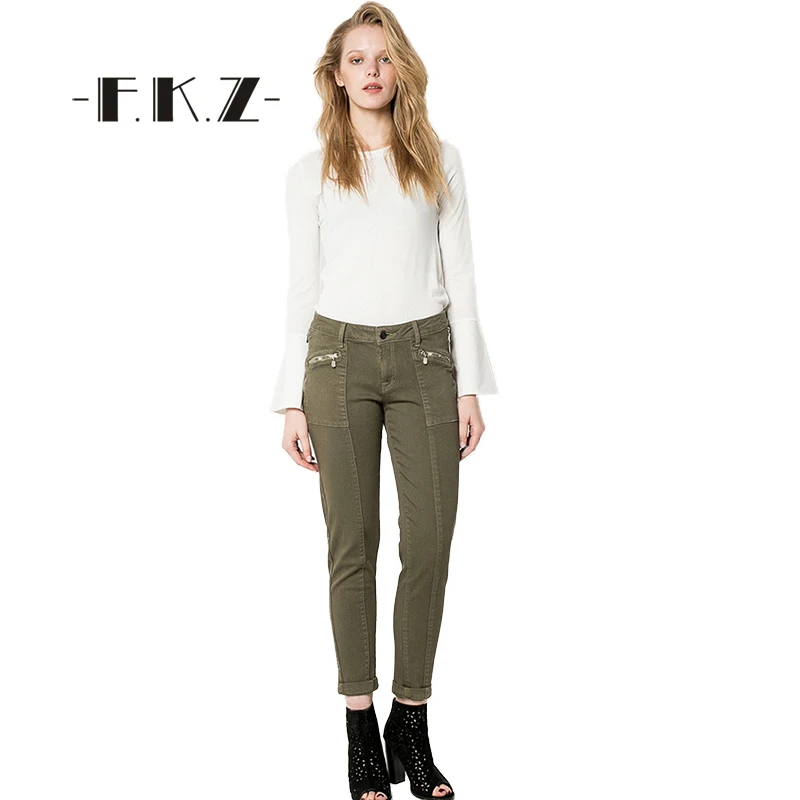 

FKZ Army Style Women Casual Green Jeans femme Fashion Female Ladies Denim Skinny Pants Pencil High Waist Pants Clothing SKJ004