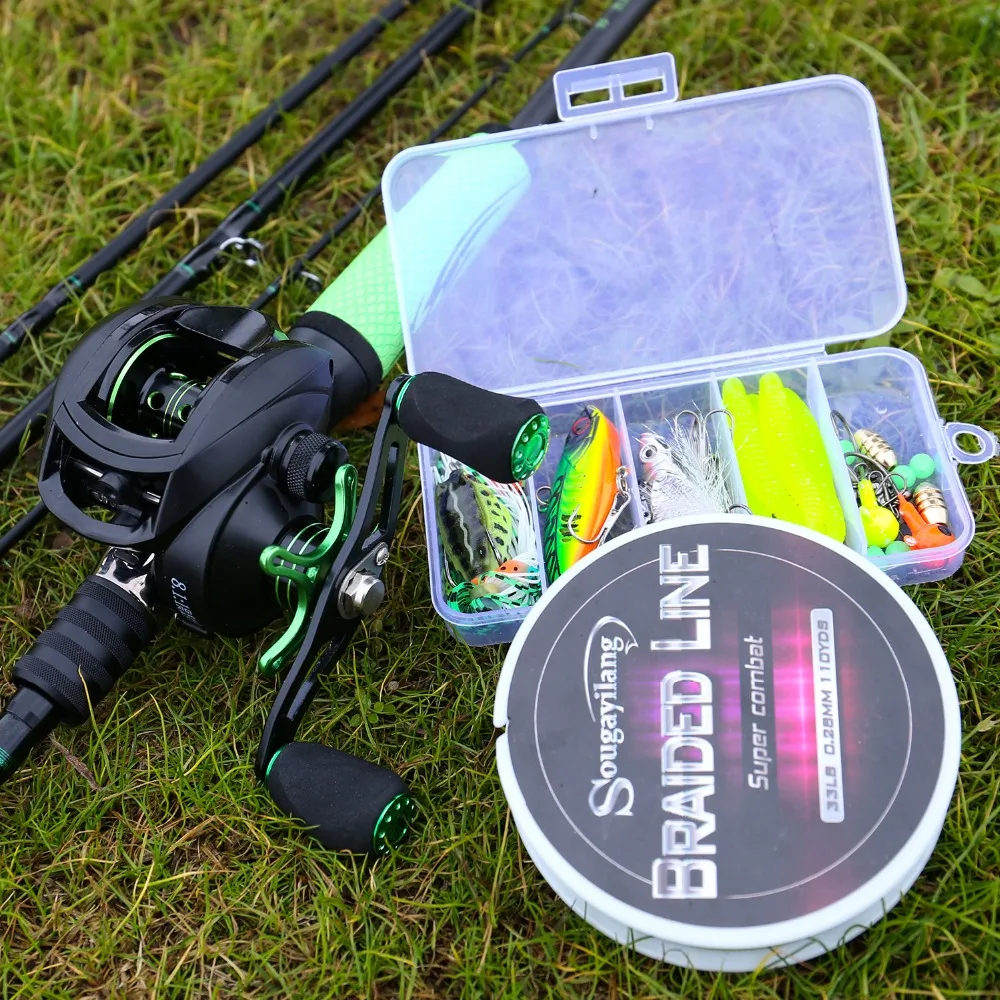 Potência de Fibra Sougayilang Seção Carbono Baitcsting Haste Kit Completo Conjunto Carretel Fundição 100 Linha Pesca Iscas Ganchos Gabarito Cabeça 4 m 21 carbono baitcsting haste kit completo conjunto carretel