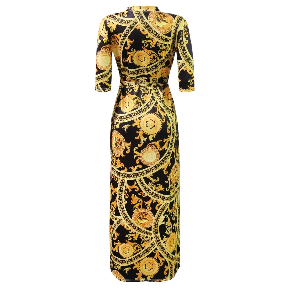 HAOOHU размера плюс цепь богемное длинное платье размера плюс женская осенняя зимняя Туника Макси пляжное платье Золотое женское платье в пол