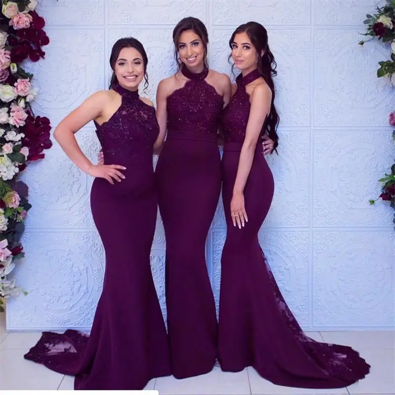 

2019 Grape Long Bridesmaid Dresses Sexy Halter Sleeveless Mermaid Wedding Party Guest Dress robe demoiselle d'honneur