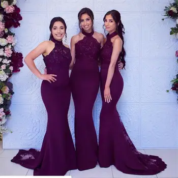 

2020 Grape Long Bridesmaid Dresses Sexy Halter Sleeveless Mermaid Wedding Party Guest Dress robe demoiselle d'honneur