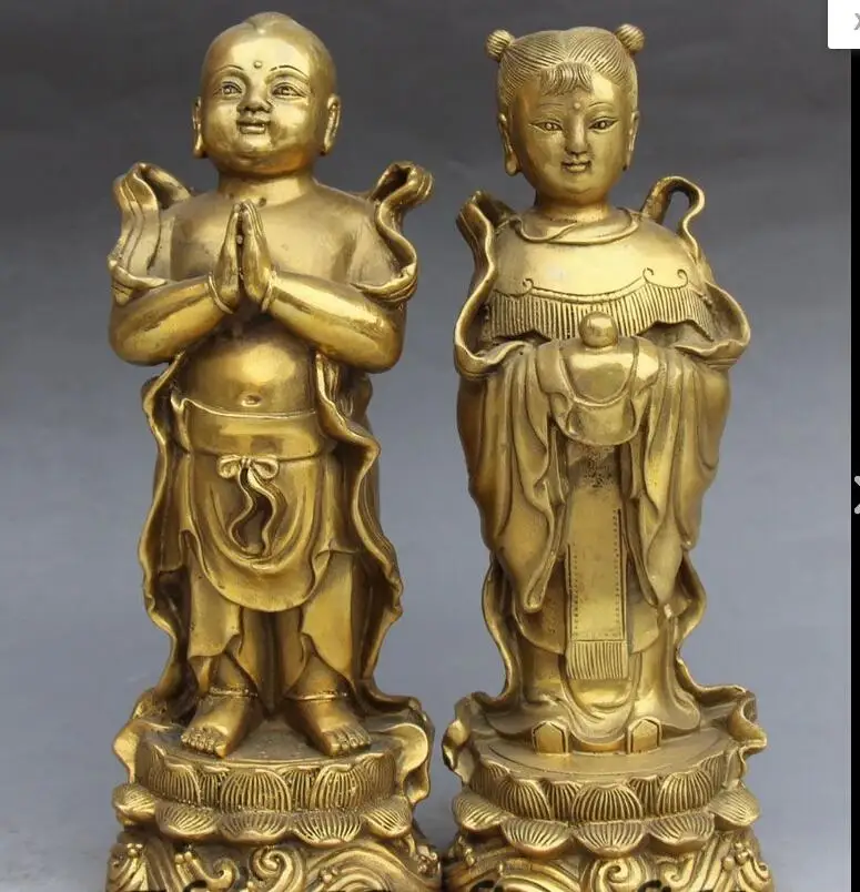 

6710573++10" Chinese Buddhism Bronze Stand Lotus Tongzi Kid Boy Girl Amitabha Statue Pair