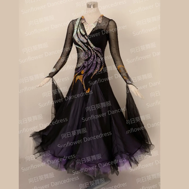 Новое танцевальное платье для конкурса бальных танцев, Одежда для танцев, одежда для сцены, танцевальная одежда баллом, сексуальная, черная, с длинным рукавом GOODANPAR